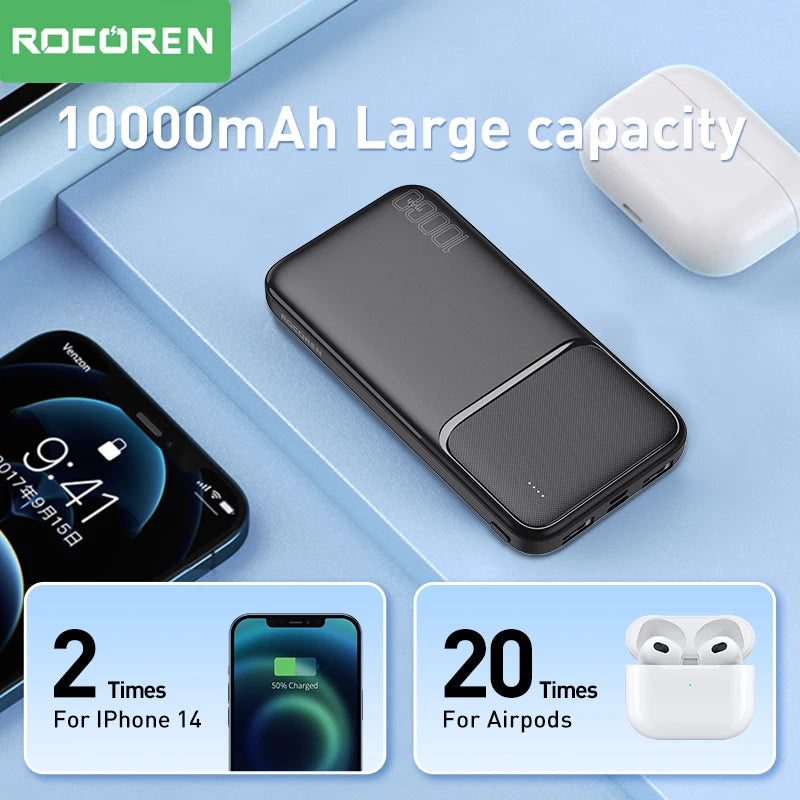 Rocoren Power Bank 10000mAh Portable Charger External Battery PoverBank 10000 Fast Charging Powerbank For iPhone Xiaomi mi POCO - CONGATON